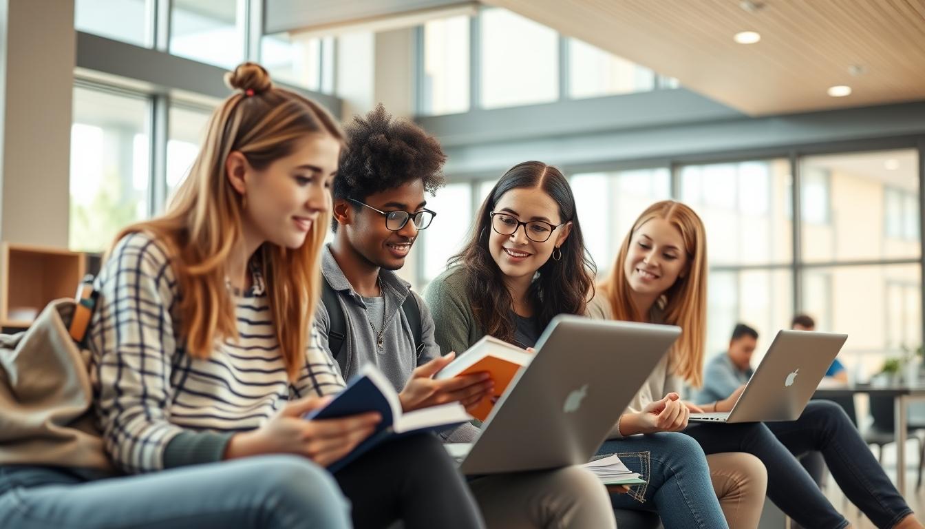 Students studying together in modern classroom